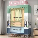 Portable canvas wardrobe, measuring 86x46x175 cm, is foldable and features hanging rods and shelves for convenient clothing storage.